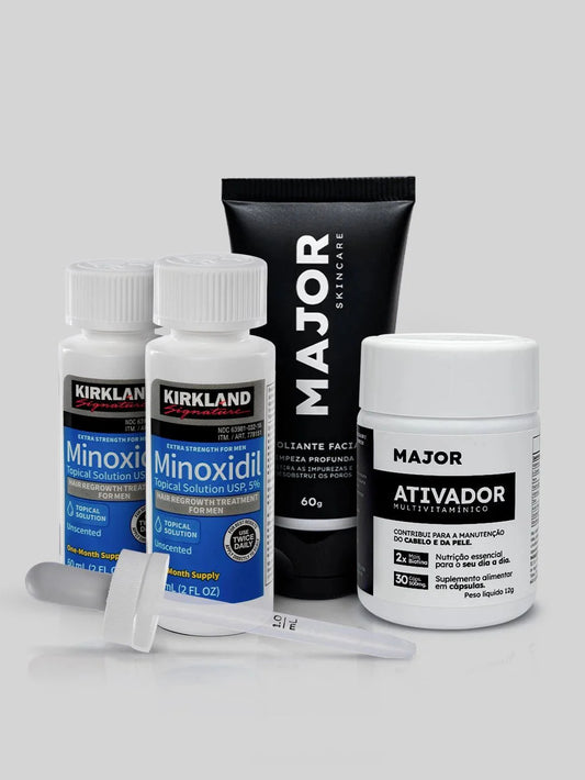 KIT LENHADOR- Minoxidil Kirkland 2un + Multivitamínico Ativador MAJOR + Esfoliante MAJOR